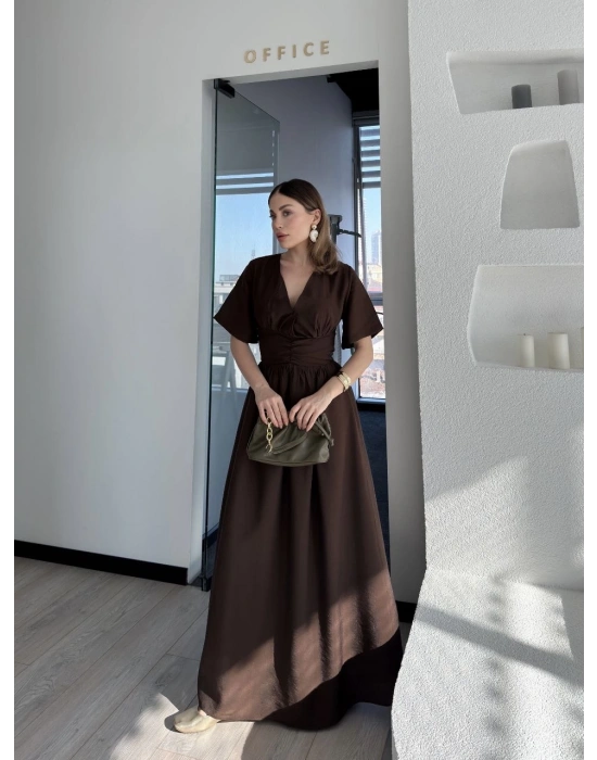 Kısa Kollu Uzun Elbise - Kahve