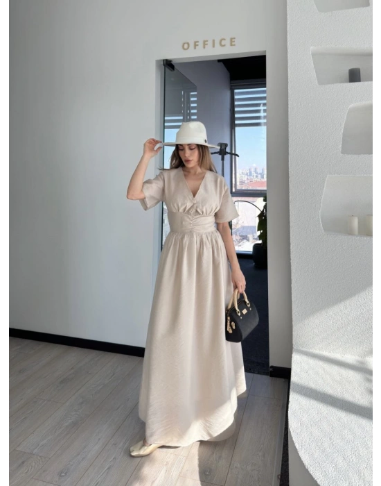 Kısa Kollu Uzun Elbise - Kırık Beyaz