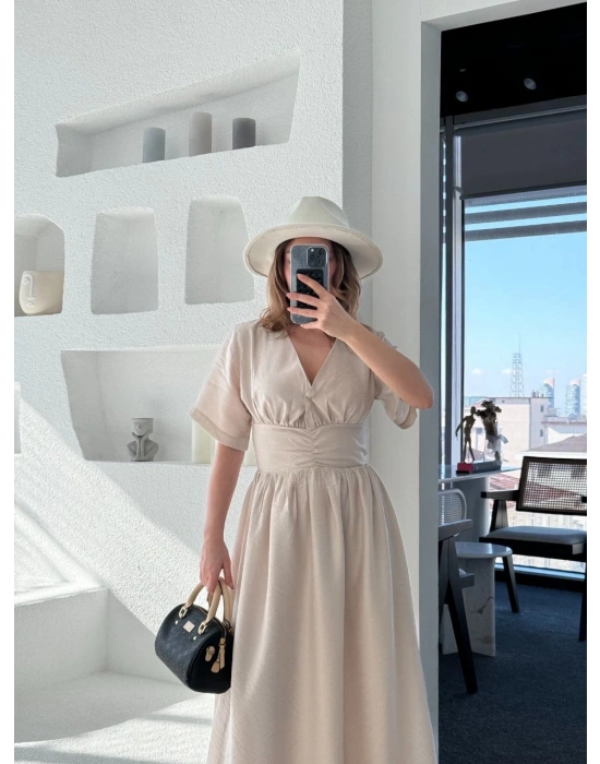 Kısa Kollu Uzun Elbise - Kırık Beyaz