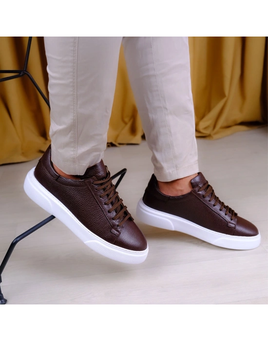 Kişiselleştirilebilir Kalın Ortopedik Tabanlı %100 Deri Sneaker Spor Ayakkabı - Kahverengi