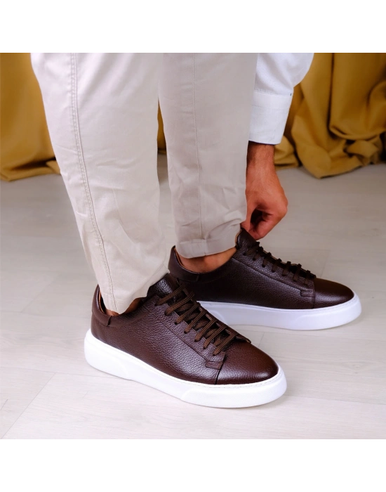 Kişiselleştirilebilir Kalın Ortopedik Tabanlı %100 Deri Sneaker Spor Ayakkabı - Kahverengi