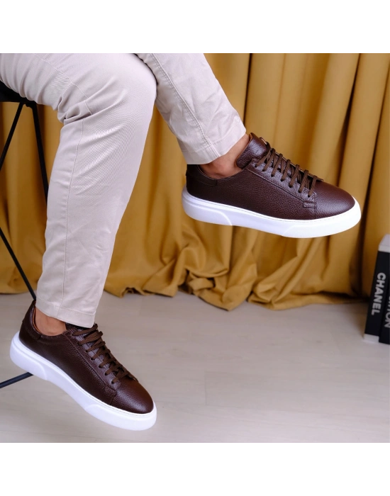 Kişiselleştirilebilir Kalın Ortopedik Tabanlı %100 Deri Sneaker Spor Ayakkabı - Kahverengi