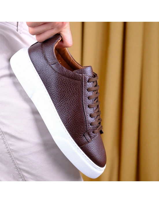 Kişiselleştirilebilir Kalın Ortopedik Tabanlı %100 Deri Sneaker Spor Ayakkabı - Kahverengi