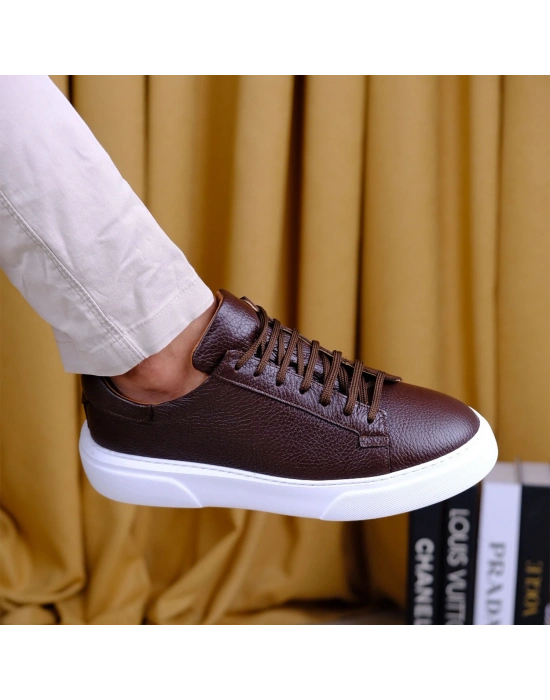 Kişiselleştirilebilir Kalın Ortopedik Tabanlı %100 Deri Sneaker Spor Ayakkabı - Kahverengi