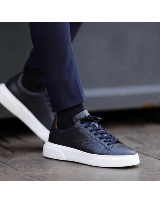 Kişiselleştirilebilir Kalın Ortopedik Tabanlı %100 Deri Sneaker Spor Ayakkabı - Lacivert