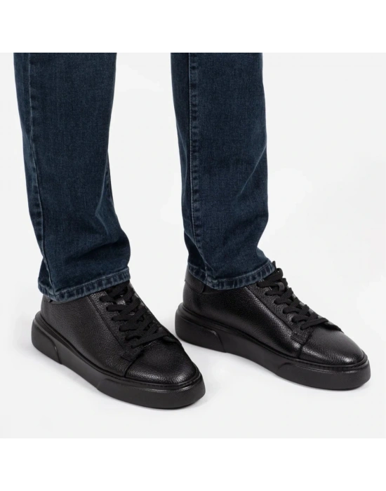 Kişiselleştirilebilir Kalın Ortopedik Tabanlı %100 Deri Sneaker Spor Ayakkabı - Siyah