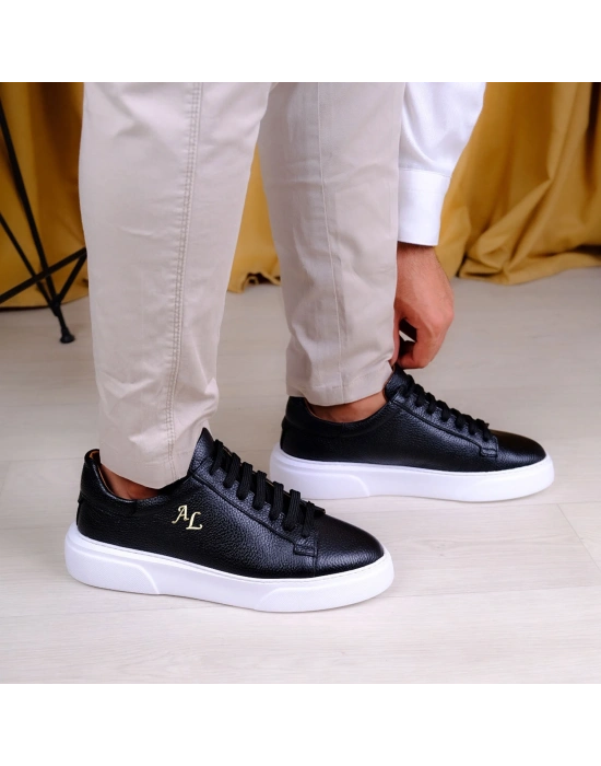 Kişiselleştirilebilir Kalın Ortopedik Tabanlı %100 Deri Sneaker Spor Ayakkabı - Siyah - Beyaz