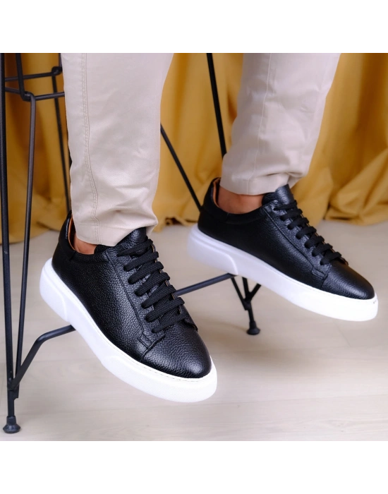 Kişiselleştirilebilir Kalın Ortopedik Tabanlı %100 Deri Sneaker Spor Ayakkabı - Siyah - Beyaz