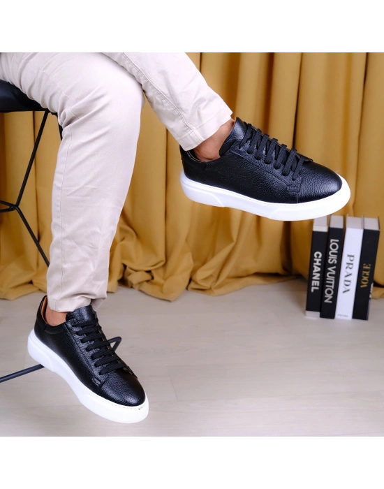 Kişiselleştirilebilir Kalın Ortopedik Tabanlı %100 Deri Sneaker Spor Ayakkabı - Siyah - Beyaz