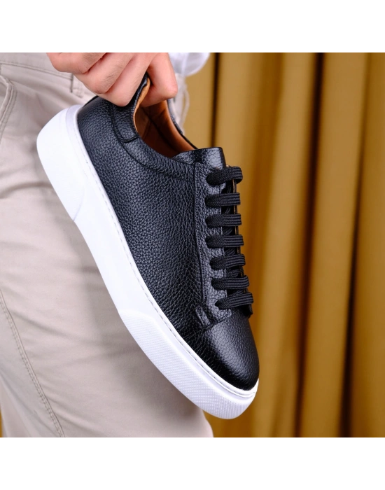 Kişiselleştirilebilir Kalın Ortopedik Tabanlı %100 Deri Sneaker Spor Ayakkabı - Siyah - Beyaz