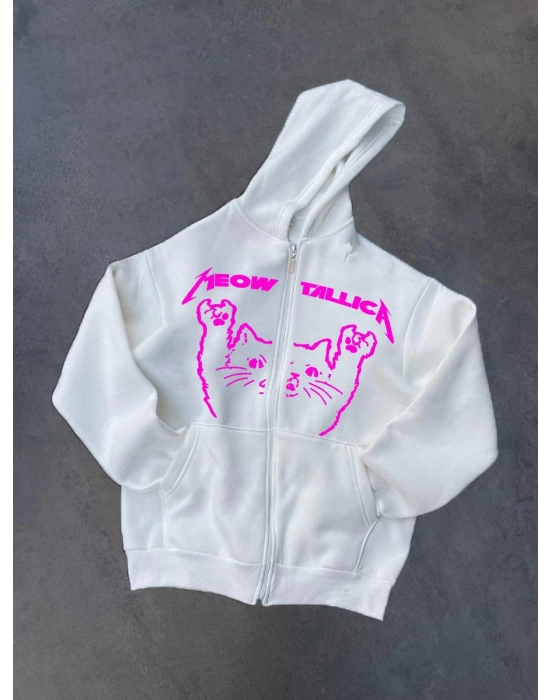 Kışlık Baskılı Fermuarlı Kapüşonlu Hırka - Beyaz