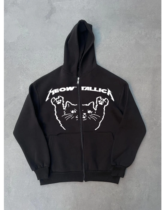 Kışlık Baskılı Fermuarlı Kapüşonlu Hırka - Siyah