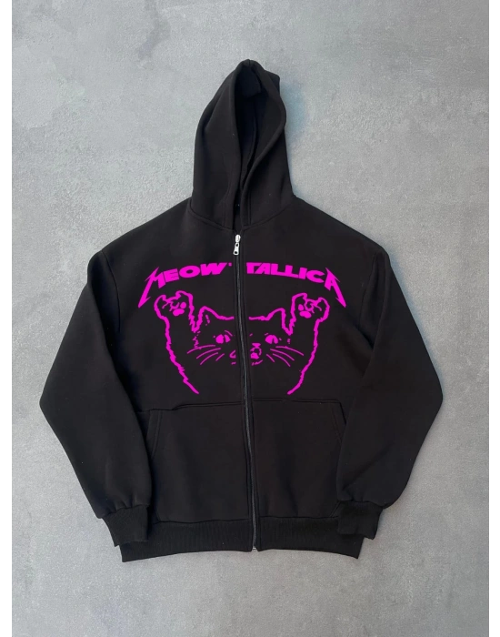 Kışlık Baskılı Fermuarlı Kapüşonlu Hırka - Siyah