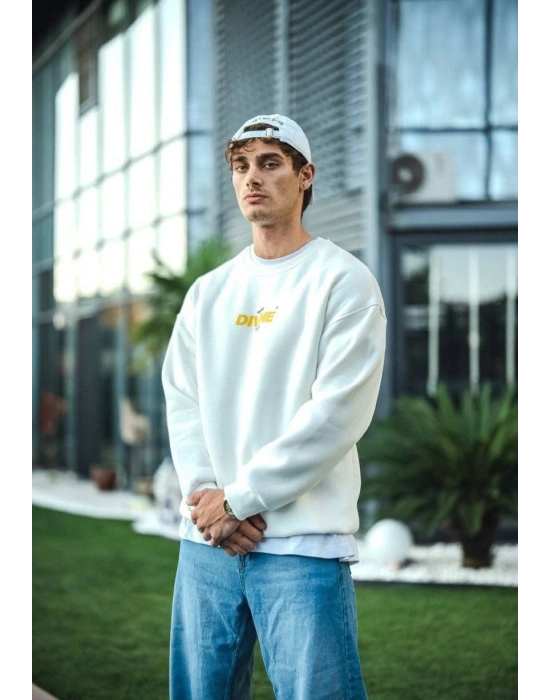 Kışlık Bisiklet Yaka Baskılı SweatShirt - Beyaz