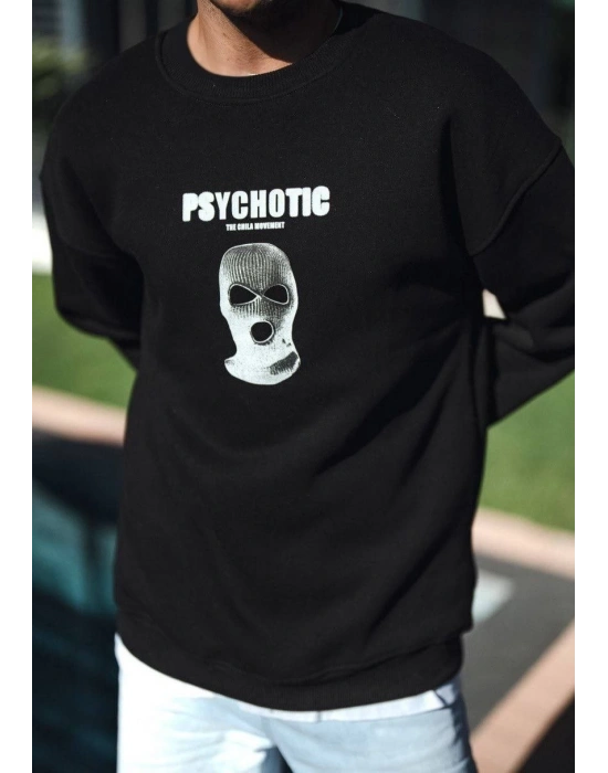 Kışlık Bisiklet Yaka Baskılı SweatShirt - Siyah