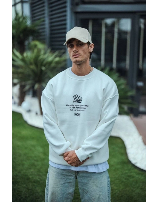 Kışlık Bisiklet Yaka Ön Ve Arka Baskılı SweatShirt - Beyaz