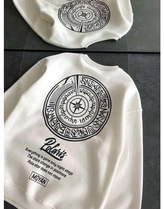 Kışlık Bisiklet Yaka Ön Ve Arka Baskılı SweatShirt - Beyaz