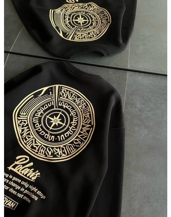 Kışlık Bisiklet Yaka Ön Ve Arka Baskılı SweatShirt - Siyah