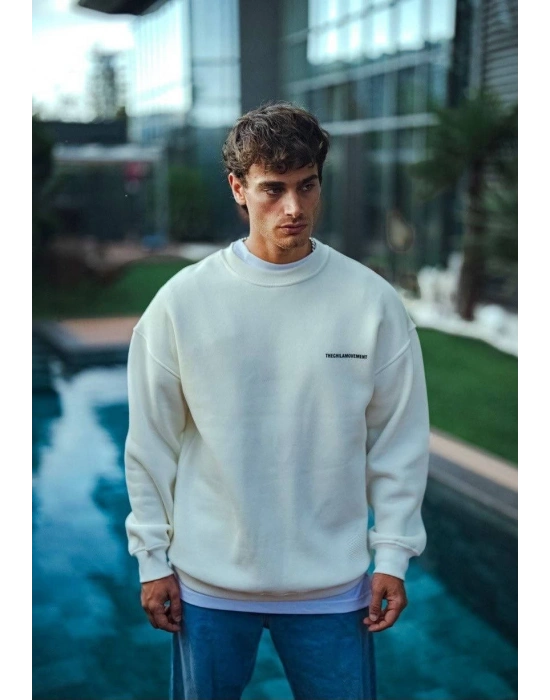 Kışlık Bisiklet Yaka Oversize Baskılı SweatShirt - Beyaz