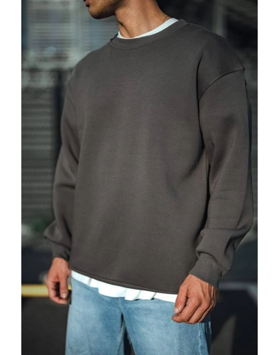 Kışlık Bisiklet Yaka Üç İplik Basic SweatShirt - Antrasit