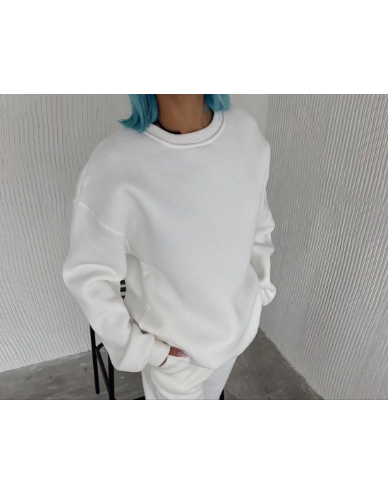 Kışlık Bisiklet Yaka Üç İplik Basic SweatShirt - Beyaz