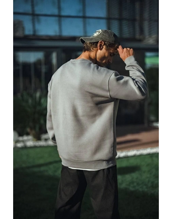 Kışlık Bisiklet Yaka Üç İplik Basic SweatShirt - Boyalı Gri