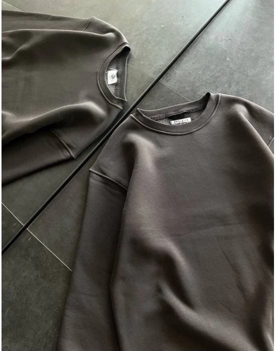 Kışlık Bisiklet Yaka Üç İplik Basic SweatShirt - Füme