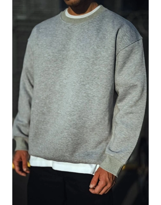 Kışlık Bisiklet Yaka Üç İplik Basic SweatShirt - Gri