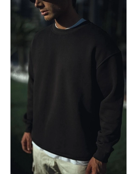 Kışlık Bisiklet Yaka Üç İplik Basic SweatShirt - Siyah