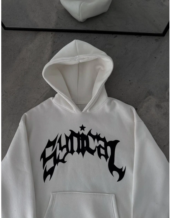 Kışlık Kapüşonlu Baskılı Oversize SweatShirt- Beyaz