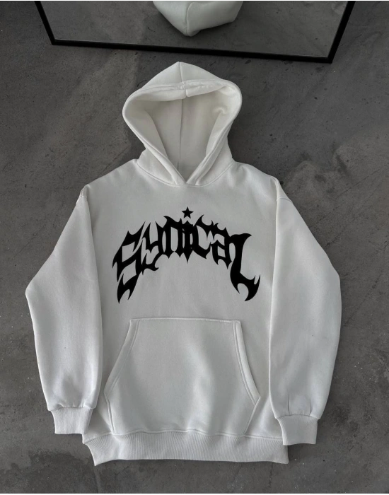 Kışlık Kapüşonlu Baskılı Oversize SweatShirt- Beyaz