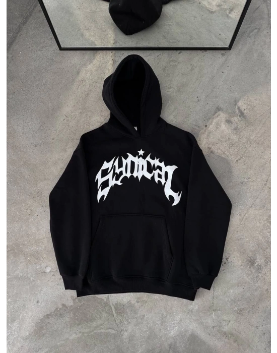 Kışlık Kapüşonlu Baskılı Oversize SweatShirt- Siyah