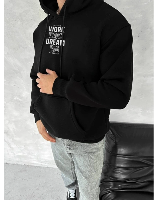 Kışlık Üç İplik Kapüşonlu SweatShirt - Siyah