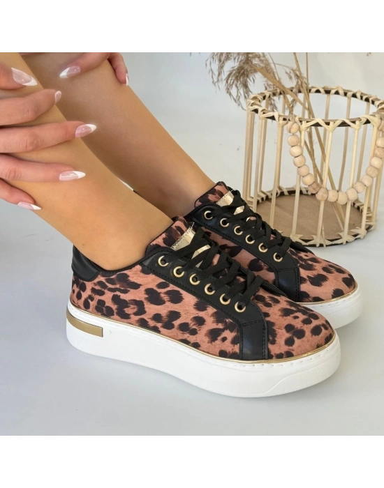 Kity Leopar Saten Bağcıklı Spor Ayakkabı
