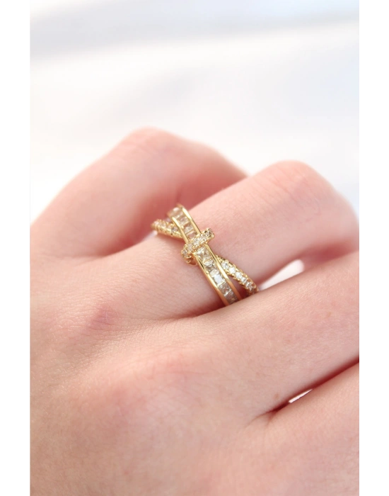 Kıvrım Model Gold Renk Zirkon Taşlı Ayarlanabilir Yüzük