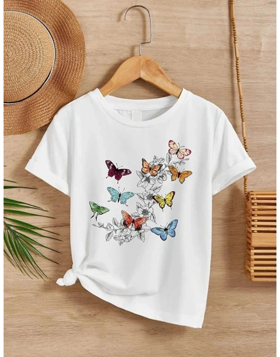 Kız Çocuk Bisiklet Yaka Baskılı T-Shirt - Beyaz