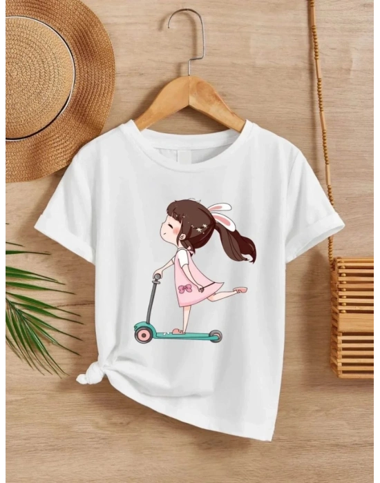 Kız Çocuk Bisiklet Yaka Baskılı T-Shirt - Beyaz