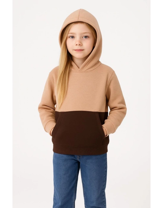 Kız Çocuk Kapüşonlu Kanguru Çepli Parçalı SweatShirt - Renkli