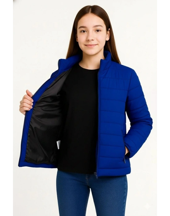 Kız Çocuk Şişme Mont Hafif ve Sıcak Tutucu Kışlık Fermuarlı Su İtici Rahat Günlük Mont Kapüşonuz Modern Tasarım - Saks Mavisi