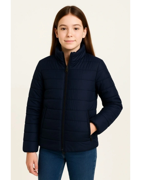 Kız Çocuk Şişme Mont Hafif ve Sıcak Tutucu Kışlık Fermuarlı Su İtici Rahat Günlük Mont Kapüşonuz Modern Tasarım - Lacivert