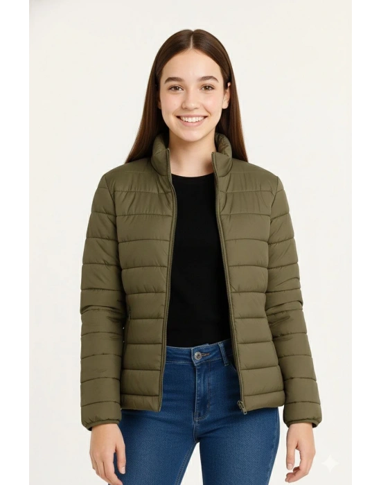 Kız Çocuk Şişme Mont Hafif ve Sıcak Tutucu Kışlık Fermuarlı Su İtici Rahat Günlük Mont Kapüşonuz Modern Tasarım - Haki