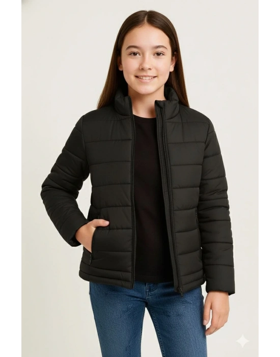 Kız Çocuk Şişme Mont Hafif ve Sıcak Tutucu Kışlık Fermuarlı Su İtici Rahat Günlük Mont Kapüşonuz Modern Tasarım - Siyah