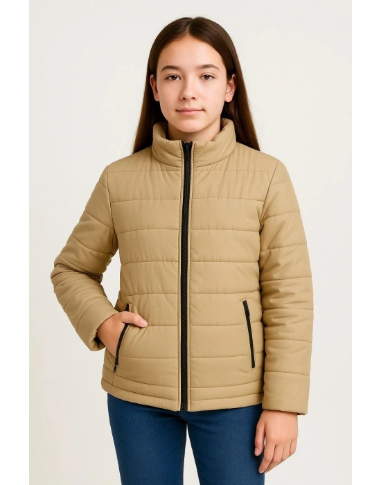 Kız Çocuk Şişme Mont Hafif ve Sıcak Tutucu Kışlık Fermuarlı Su İtici Rahat Günlük Mont Kapüşonuz Modern Tasarım - Bej