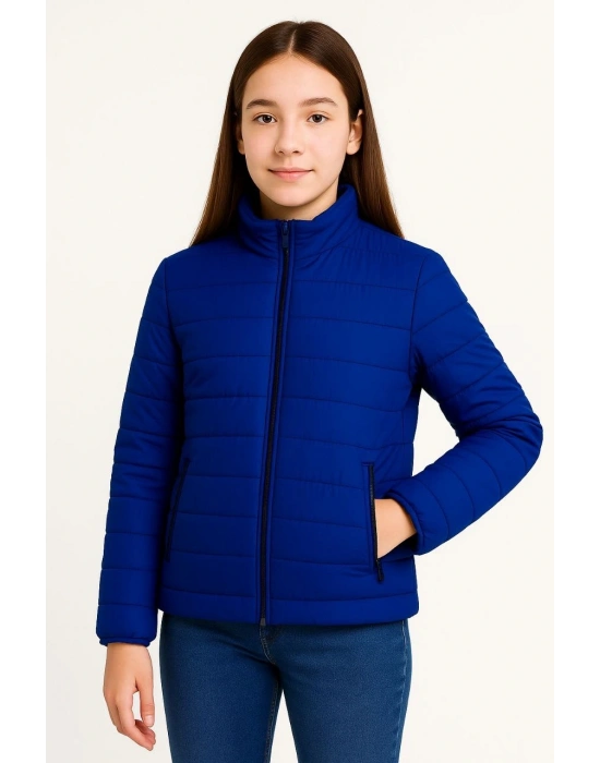 Kız Çocuk Şişme Mont Hafif ve Sıcak Tutucu Kışlık Fermuarlı Su İtici Rahat Günlük Mont Kapüşonuz Modern Tasarım - Saks Mavisi