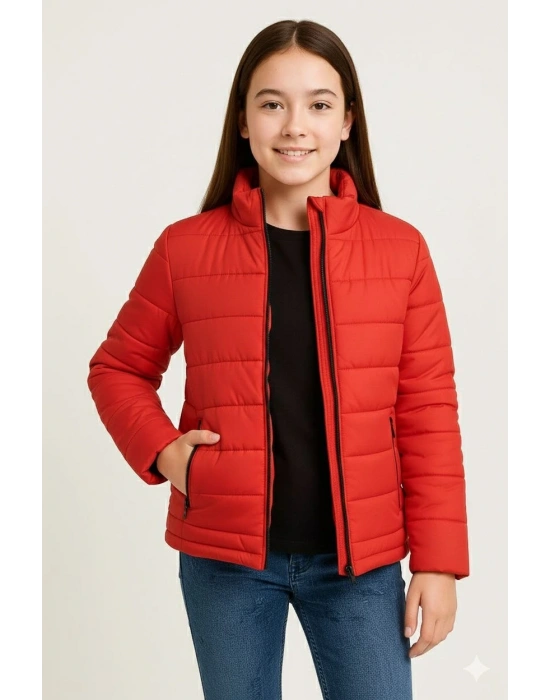 Kız Çocuk Şişme Mont Hafif ve Sıcak Tutucu Kışlık Fermuarlı Su İtici Rahat Günlük Mont Kapüşonuz Modern Tasarım - Kırmızı