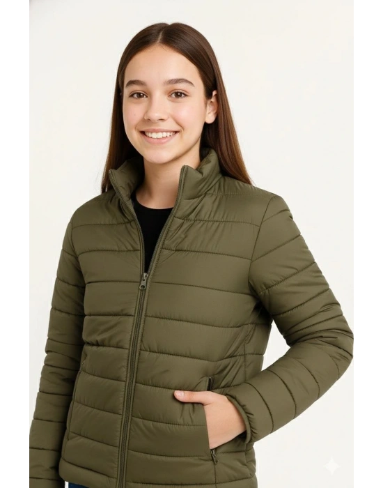 Kız Çocuk Şişme Mont Hafif ve Sıcak Tutucu Kışlık Fermuarlı Su İtici Rahat Günlük Mont Kapüşonuz Modern Tasarım - Haki