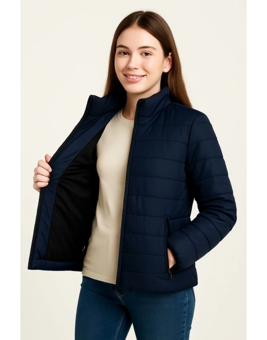 Kız Çocuk Şişme Mont Hafif ve Sıcak Tutucu Kışlık Fermuarlı Su İtici Rahat Günlük Mont Kapüşonuz Modern Tasarım - Lacivert