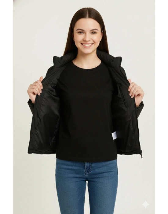 Kız Çocuk Şişme Mont Hafif ve Sıcak Tutucu Kışlık Fermuarlı Su İtici Rahat Günlük Mont Kapüşonuz Modern Tasarım - Siyah