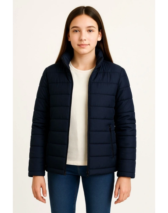 Kız Çocuk Şişme Mont Hafif ve Sıcak Tutucu Kışlık Fermuarlı Su İtici Rahat Günlük Mont Kapüşonuz Modern Tasarım - Lacivert