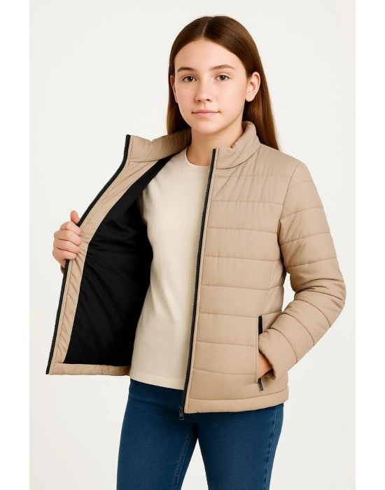 Kız Çocuk Şişme Mont Hafif ve Sıcak Tutucu Kışlık Fermuarlı Su İtici Rahat Günlük Mont Kapüşonuz Modern Tasarım - Bej